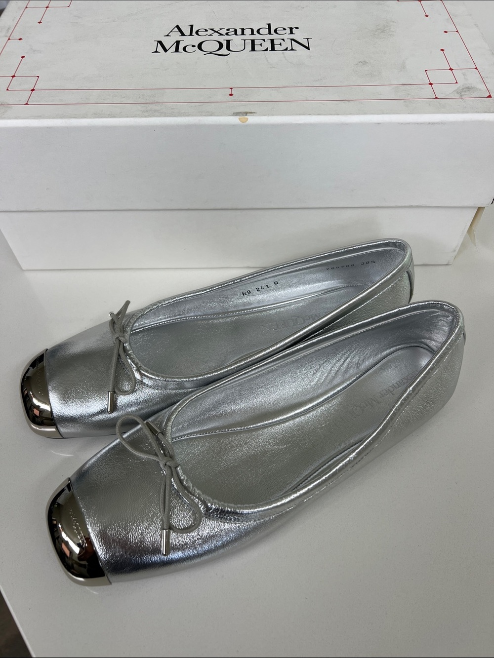 Alexander McQueen silver silk leather flats ballerina slippers silver toe caps